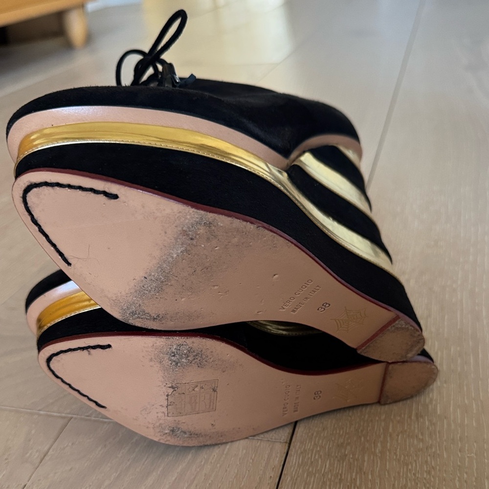 Charlotte Olympia Black and Gold Martha Platform Wedge Booties - Picture 7 of 9